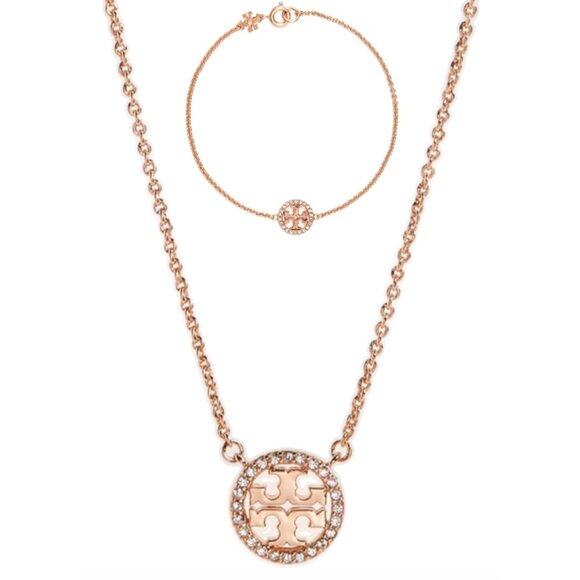 TORY BURCH ROSE GOLD PAVE CHAINLINK NECKLACE AND BRACELET SET - Picture 1 of 7